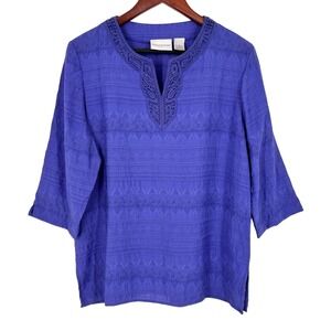 Alfred Dunner Sz 12 Purple Crochet 3/4 Sleeve Blouse Shirt Top Summer Travel